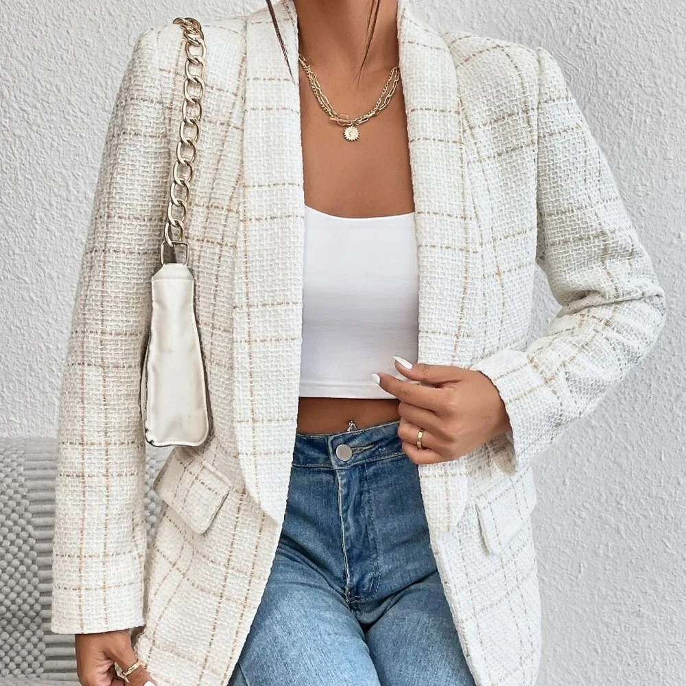 White Casual Womens Houndstooth Print Open Front Blazer - Picture 1 of 5